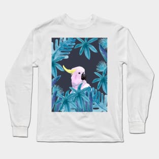 Cockatoo with tropical leaves in watercolor and an indigo background Long Sleeve T-Shirt